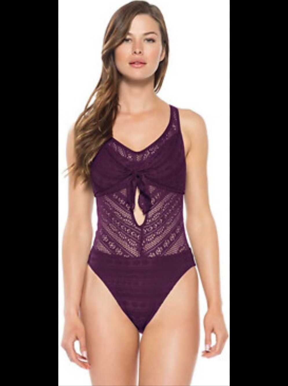 BECCA Virtue Crochet Purple Play Tie Front One Piece Swimsuit M Medium